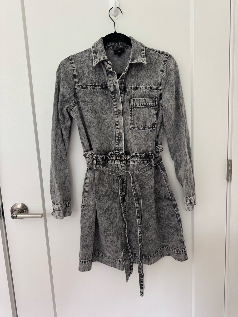 Who What Wear 100% Cotton Washed Black Mini Shirt Dress with Tie Waist